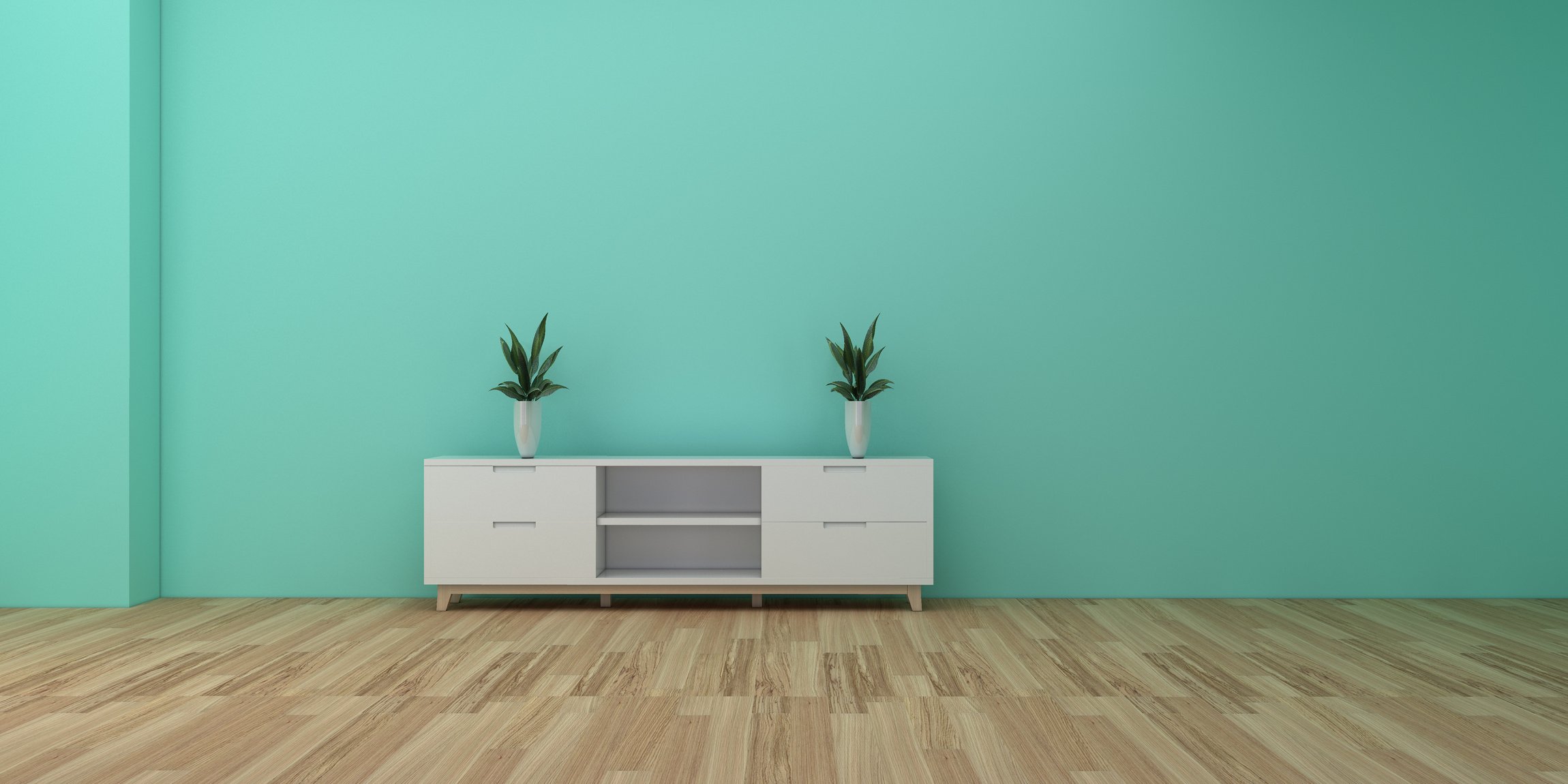 Simple green indoor background with podium and pots